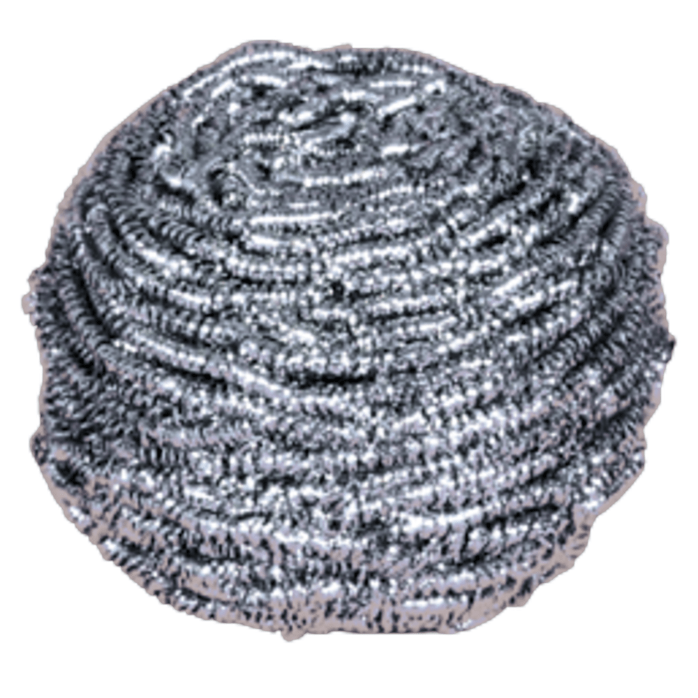 Close-up van een Abena Re-Seller GmbH roestvrijstalen spiraal, 60 g, verpakking (10 stuks): een ronde zilveren schuurspons van strak gewikkelde metalen draden voor reiniging, afgebeeld tegen een witte achtergrond.