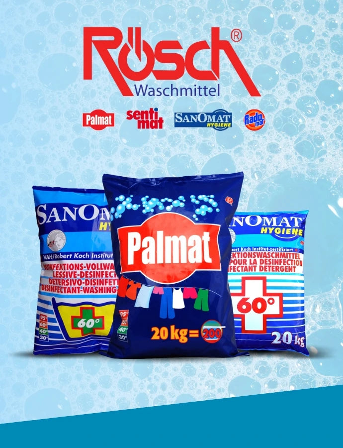 Produktabbildung von Rösch Waschmittel: Oben das rote Logo „Rösch Waschmittel“ mit den Marken Palmat, sentimat, Sanomat Hygiene und Radomat. Darunter drei große Waschmittelsäcke – mittig ein PalmAt-Waschmittel (20 kg), links und rechts Sanomat-Hygiene-Desinfektionswaschmittel mit 60°-Kennzeichnung – vor einem hellblauen, schaumigen Hintergrund.