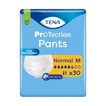 Ein 30er-Pack TENA Protection Pants Normal Inkontinenzpants, Größe Medium von TENA - Essity Germany GmbH, zeichnet sich durch eine körpernahe Passform, eine schnelle Absorption bei Inkontinenz und eine mit vier Wassertropfen auf der Verpackung angegebene Absorptionsstärke aus.