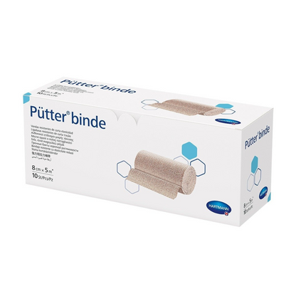 Een doos Hartmann Pütter-Verband® van de Paul Hartmann AG, waarop afbeeldingen van het product te zien zijn, dat een soort cohesief verband is. De verpakking is in de kleuren blauw en wit met tekst en ... verkrijgbaar.