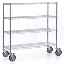 Der Novocal Regalwagen aus Präzisionsstahl, vernickelt und hochglanzverchromt, mit 4 Eckpfosten und großen Rollen (2 mit Feststeller), ist auf dem Bild leer vor weißem Hintergrund zu sehen. Packung: 1 Stück.