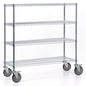 Der Novocal Regalwagen aus Präzisionsstahl, vernickelt und hochglanzverchromt, mit 4 Eckpfosten und großen Rollen (2 mit Feststeller), ist auf dem Bild leer vor weißem Hintergrund zu sehen. Packung: 1 Stück.