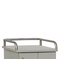 Eine Nahaufnahme des oberen Teils eines grauen Schranks (550 x 490 mm) mit zwei Fronttüren und einer Novocal Rohrgalerie Edelstahl dreiseitig als Metallhandlauf an drei Seiten. Marke: Novocal. Packung: 1 Stück.