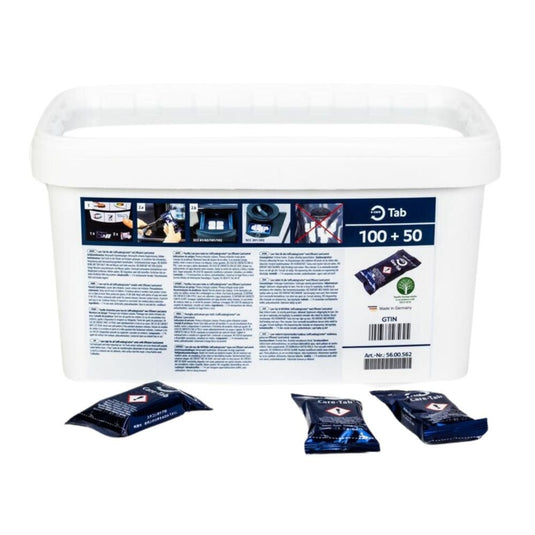 Bij de levering is een rechthoekige witte verpakking van Rational AG inbegrepen, met het opschrift „100 + 50“ tabletten, afbeeldingen van instructies voor het afwassen en een deksel. Aan de voorkant bevinden zich drie afzonderlijke blauwe zakjes met RATIONAL Care-tabletten voor een optimaal reinigingsresultaat.