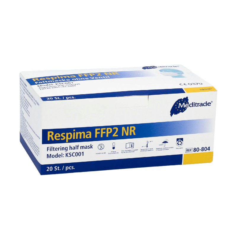 Een doos Meditrade Respima FFP2 ademhalingsmasker wordt gepresenteerd tegen een eenvoudige achtergrond. De witte doos met blauwe details toont dat deze 100 stuks bevat en draagt in de rechterbovenhoek prominent de merknaam Meditrade GmbH, bekend om persoonlijke beschermingsmiddelen.