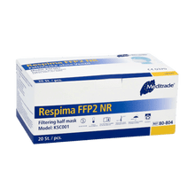 Een doos Meditrade Respima FFP2 ademhalingsmasker wordt gepresenteerd tegen een eenvoudige achtergrond. De witte doos met blauwe details toont dat deze 100 stuks bevat en draagt in de rechterbovenhoek prominent de merknaam Meditrade GmbH, bekend om persoonlijke beschermingsmiddelen.