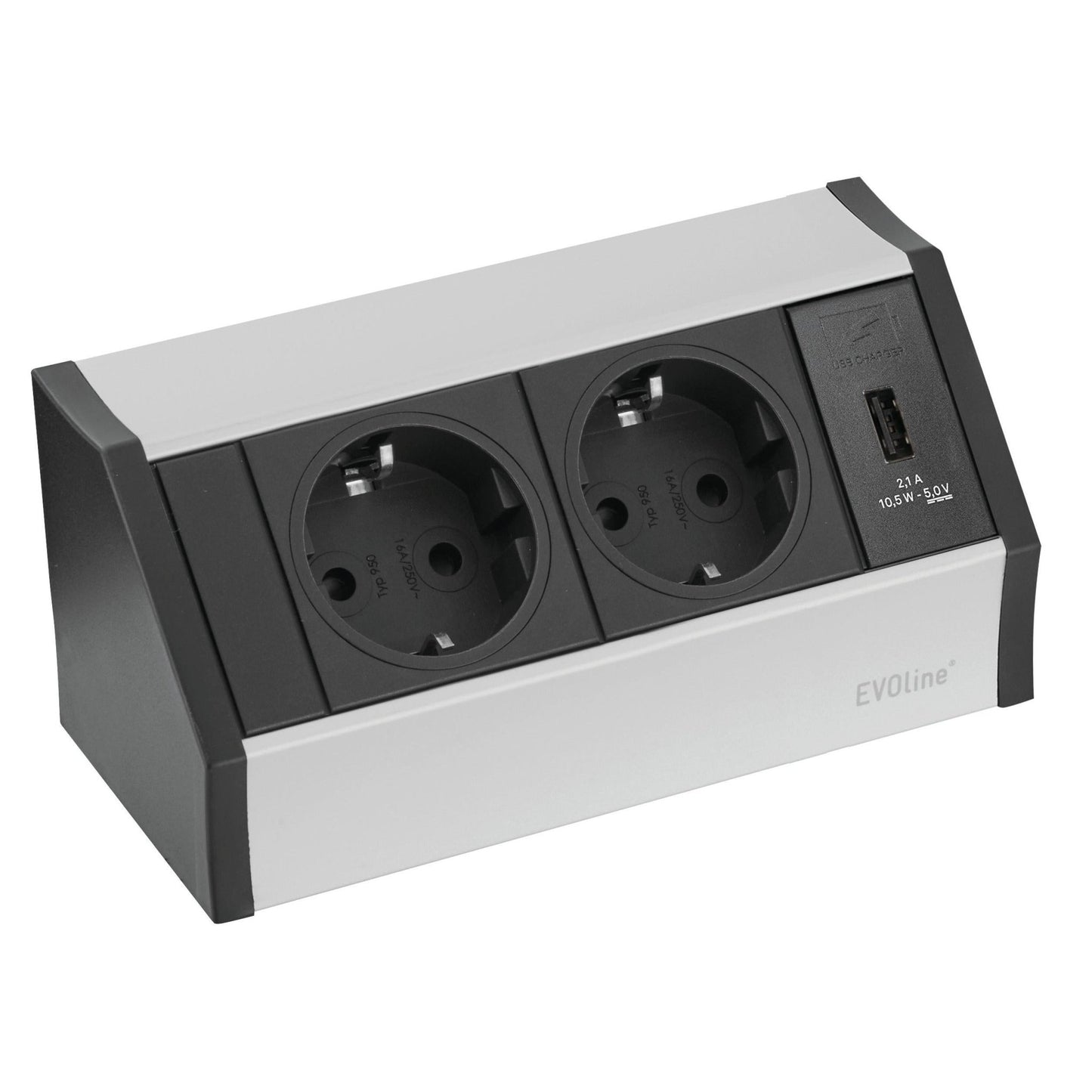 Het Novocal Smart Power Outlet Allrounder beschikt over twee geaarde Europese stopcontacten, een USB-oplaadpoort en een zilver-zwart ontwerp met het opschrift "EVOline" op de rechteronderkant aan de voorkant. Inclusief H05-kabel; 1 stuk per verpakking.