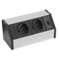 Het Novocal Smart Power Outlet Allrounder beschikt over twee geaarde Europese stopcontacten, een USB-oplaadpoort en een zilver-zwart ontwerp met het opschrift "EVOline" op de rechteronderkant aan de voorkant. Inclusief H05-kabel; 1 stuk per verpakking.