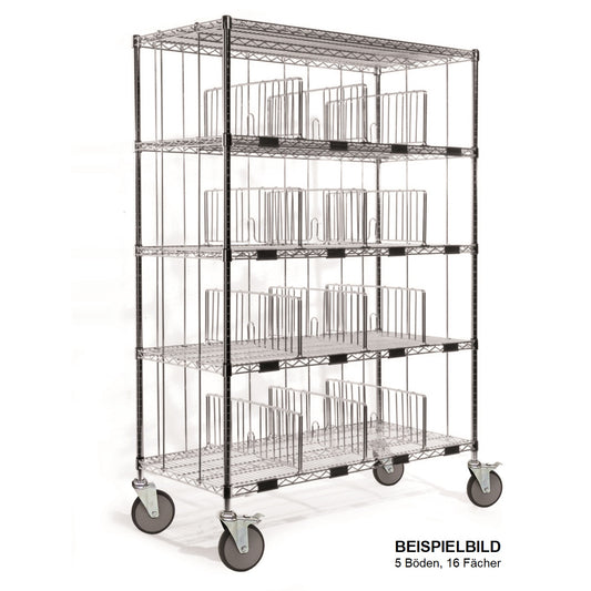 Der Novocal Sortierregalwagen aus Präzisionsstahl, vernickelt und hochglanzverchromt, hat 5 Böden mit Drahtteilern, 4 große Rollen und ist ideal zur Organisation. Text: "BEISPIELBILD 5 Böden, 16 Fächer.