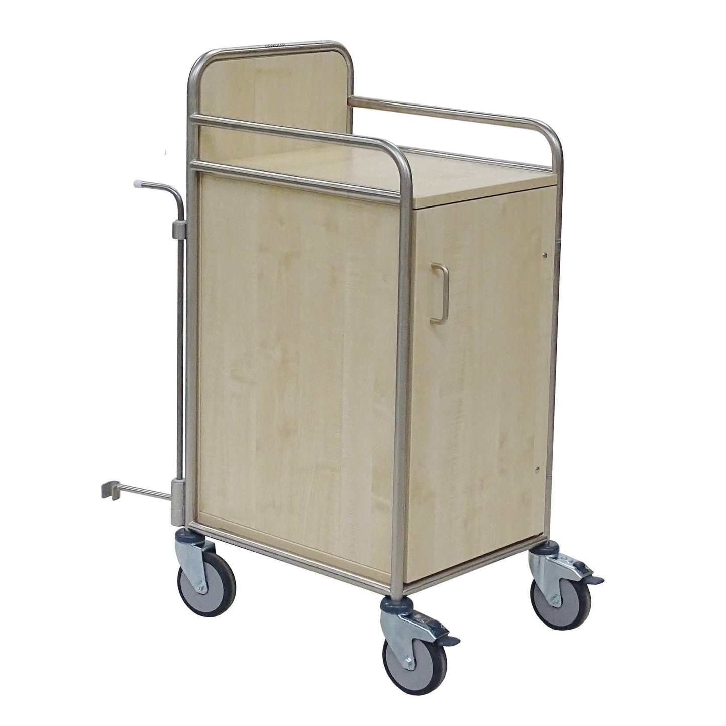 De Novocal stationwagen bestaat uit een robuust roestvrijstalen frame met volledig gelaste ronde verbindingen, een kast met handgreep, vier zwenkwielen (waarvan twee met rem) en verhoogde achter- en zijrails voor meer comfort en stabiliteit.