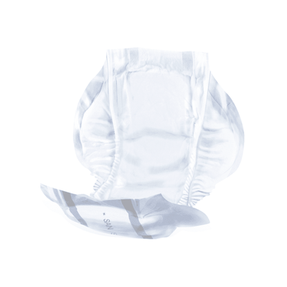 Stoel-incontinentie: Een wegwerp-baby-luier voor stoel-incontinentie, aan de voorkant en gedeeltelijk uitgevouwen, met zichtbare absorptiestrook en beenmanchetten, voor een witte achtergrond. Productnaam: San Seni Alvi Stoelbeschermer | Verpakking (30 stuks) van merknaam: TZMO Deutschland GmbH