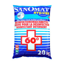 Ein blauer Beutel mit der Aufschrift „Rösch Sanomat Desinfektionswaschmittel“ ist auf der Vorderseite mit einem roten Kreuz und „60°“ gekennzeichnet und weist damit auf die Verwendung als 20 kg Desinfektionsmittel hin. Das Produkt der Rösch Germany GmbH ist RKI-gelistet und VAH-zertifiziert, die Informationen sind in Deutsch und Französisch verfügbar.