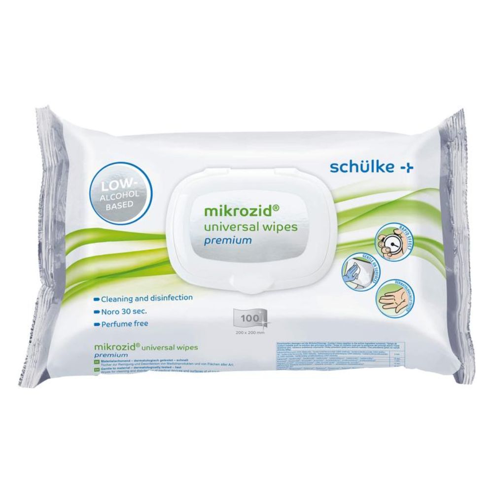 Afgebeeld is een verpakking Schülke Mikrozid® universal wipes desinfectiedoekjes premium van Schülke & Mayr GmbH. De witte verpakking met groene en blauwe accenten toont informatie zoals 'alcoholarm', 'reiniging en desinfectie', 'Noro 30 sec.', 'parfumvrij' en '100 doekjes'. Ideaal voor snelle desinfectie.