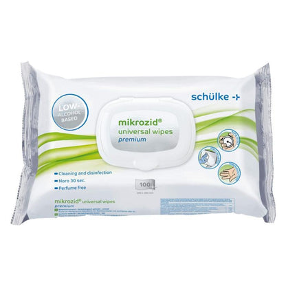 Afgebeeld is een verpakking Schülke Mikrozid® universal wipes desinfectiedoekjes premium van Schülke & Mayr GmbH. De witte verpakking met groene en blauwe accenten toont informatie zoals 'alcoholarm', 'reiniging en desinfectie', 'Noro 30 sec.', 'parfumvrij' en '100 doekjes'. Ideaal voor snelle desinfectie.