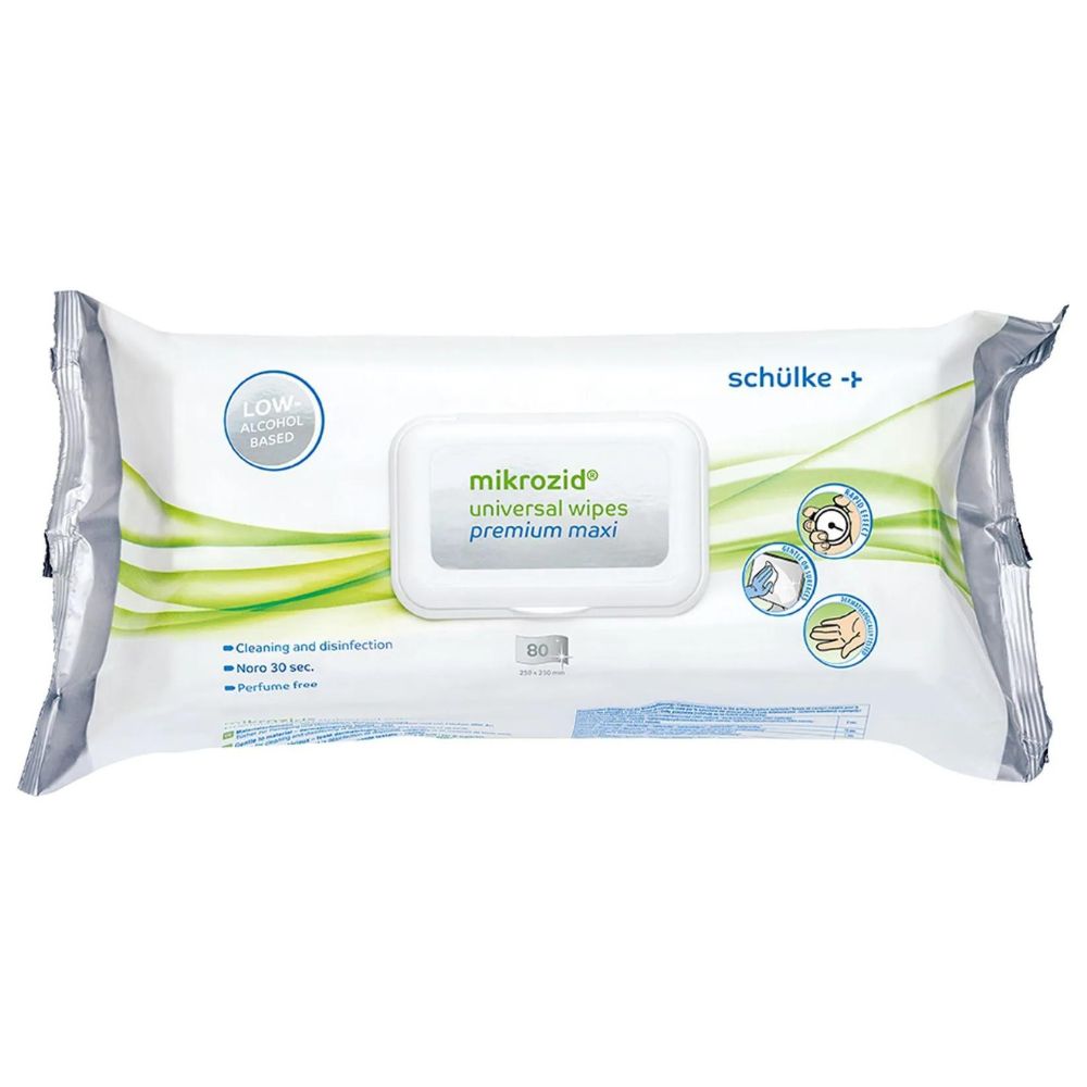 Afgebeeld is een verpakking Schülke Mikrozid® universal wipes desinfectiedoekjes premium. De overwegend wit-grijze verpakking met groene accenten wijst erop dat deze desinfectiedoekjes alcoholarm zijn, reinigen en desinfecteren en parfumvrij zijn. De verpakking bevat 80 doekjes voor een effectieve snelle desinfectie.