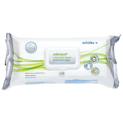 Afgebeeld is een verpakking Schülke Mikrozid® universal wipes desinfectiedoekjes premium. De overwegend wit-grijze verpakking met groene accenten wijst erop dat deze desinfectiedoekjes alcoholarm zijn, reinigen en desinfecteren en parfumvrij zijn. De verpakking bevat 80 doekjes voor een effectieve snelle desinfectie.
