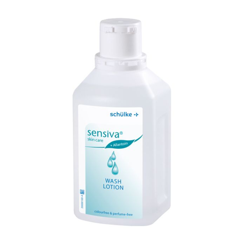 Een witte fles Sensiva® waslotion van Schülke & Mayr GmbH met een blauwgroen etiket, benadrukt door een waterdruppelontwerp. Het product is kleurstof- en parfumvrij.