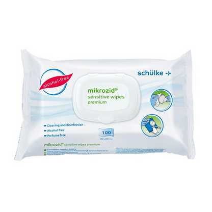 Een verpakking Schülke Mikrozid® sensitive wipes Jumbo desinfectiedoekjes van Schülke & Mayr GmbH in een witte hersluitbare kunststofverpakking met blauwe en groene tekst en symbolen voor de alcohol- en parfumvrije eigenschappen, bevat