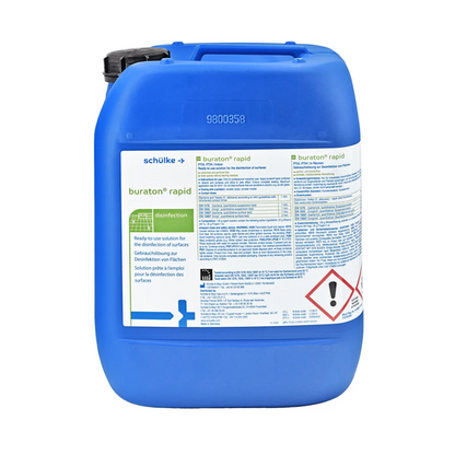 Een blauwe kunststof jerrycan met Schülke buraton® rapid snel desinfecterend preparaat, voorzien van etiketten met tekst in meerdere talen en verschillende veiligheidssymbolen, waaronder een voor huidirritaties, speciaal ontwikkeld voor levensmiddelen.