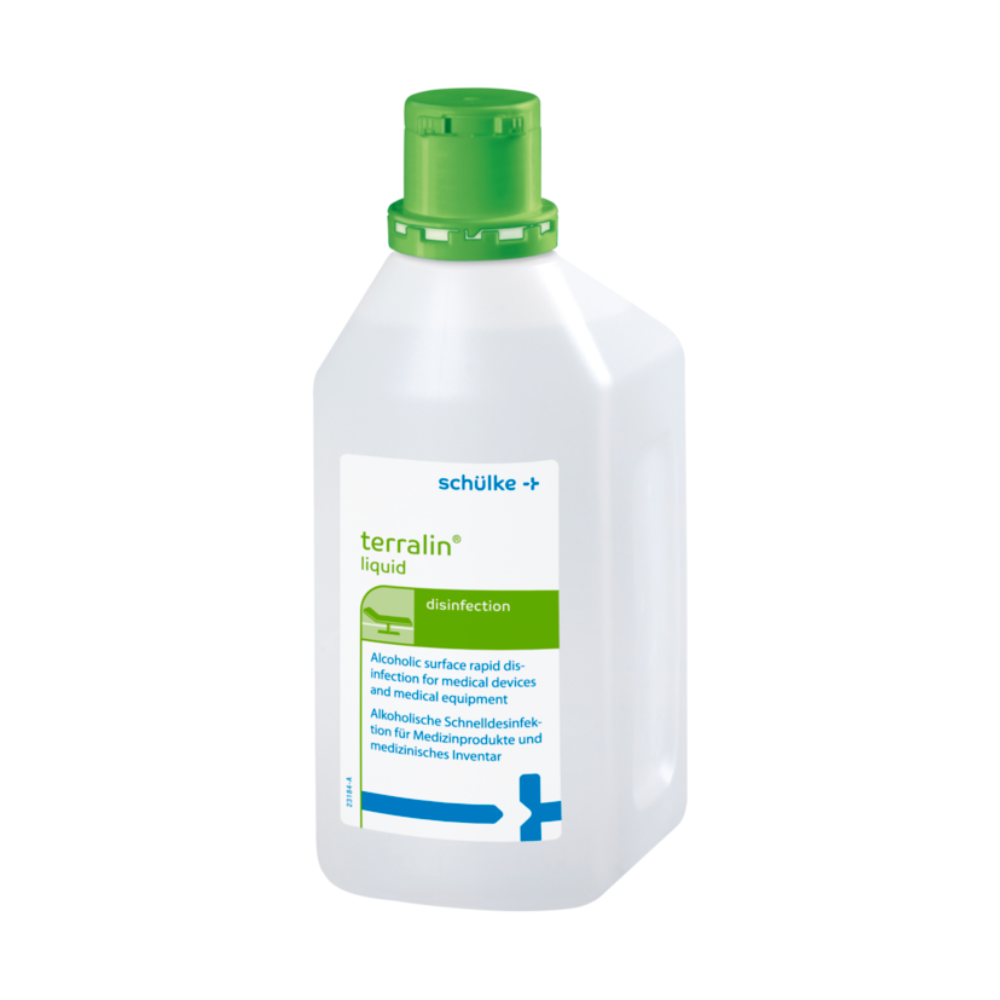 De Schülke terralin® liquid, een 1L fles met groene dop, van Schülke & Mayr GmbH dient voor de alcoholische snel desinfectie van medische apparaten en patiëntnabije oppervlakken.
