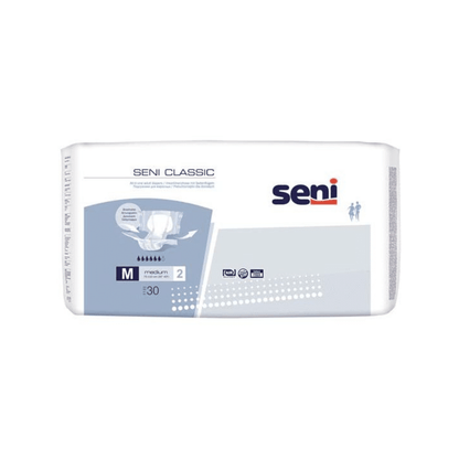 Eine 30er-Packung Seni Classic Inkontinenzhosen, Größe S-L von TZMO Deutschland GmbH. Weiß/hellblaue Verpackung mit Produktinformationen und Abbildungen; ideal bei Blasenschwäche dank zuverlässiger Superabsorber-Technologie.