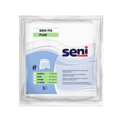 Een verpakking van de elastische fixeerbroekjes Seni Fix Comfort van TZMO Deutschland GmbH in de maten Medium tot Extra-Large met maattabel en productdetails. De verpakking is wit met blauwe en groene accenten.