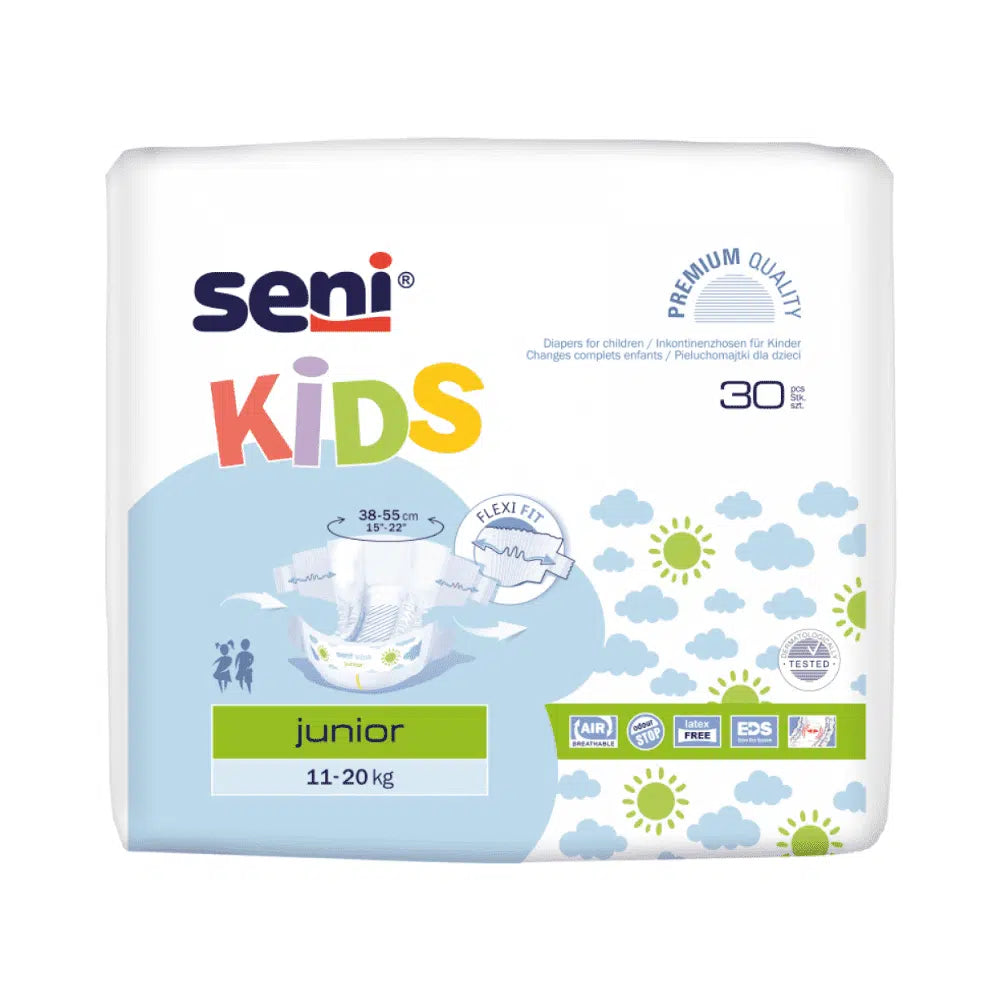 Afgebeeld is een verpakking Seni Kids a30 Ademend Incontinentieslips voor Kinderen van TZMO Deutschland GmbH met kleurrijke ontwerpen, met het opschrift "11-20 kg" en "30 Stuks". Het beschikt over symbolen voor luchtcirculatie, flexibele pasvorm en premium kwaliteit en benadrukt zijn ademende buitenlaag.