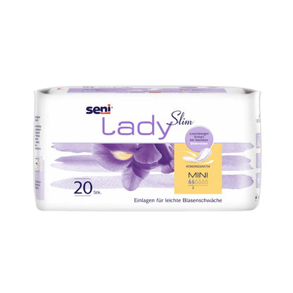 Een pak van 20 Seni Lady Slim Mini a20 van TZMO Deutschland GmbH met een paars irisontwerp en Duitse tekst biedt lichte bescherming bij blaaszwakte met Extra Dry System voor ademend vermogen en absorptie.