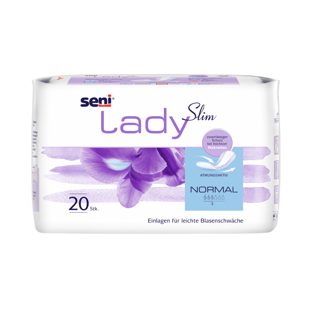Een pak van 20 Seni Lady Slim Normal inlegkruisjes van TZMO Deutschland GmbH wordt gepresenteerd in een wit-paarse verpakking met bloemenmotief, Duitse productdetails en geurstop voor lichte blaaszwakte.
