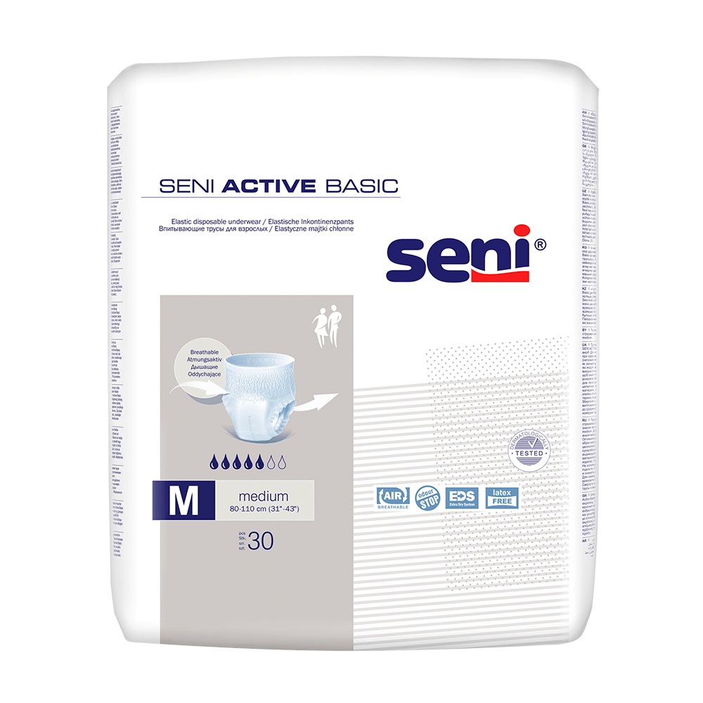 Een 30-pack Seni Active Basic incontinentiebroekjes in de maten M-XL van TZMO Deutschland GmbH. De overwegend witte verpakking bevat blauwe en grijze tekst, een luierafbeelding en productinformatie. Geschikt voor tailleomvang van 60-110 cm.