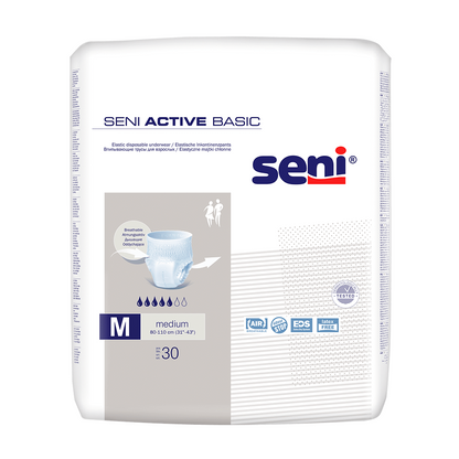 Een 30-pack Seni Active Basic incontinentiebroekjes in de maten M-XL van TZMO Deutschland GmbH. De overwegend witte verpakking bevat blauwe en grijze tekst, een luierafbeelding en productinformatie. Geschikt voor tailleomvang van 60-110 cm.