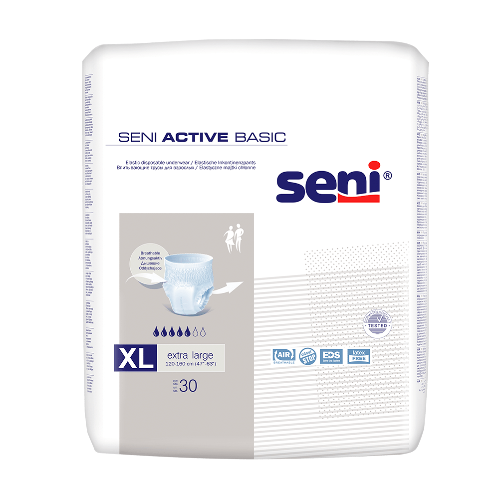 Een 30-pack Seni Active Basic incontinentiebroekjes (maat XL, 130-150 cm) van TZMO Deutschland GmbH komt in een witte verpakking met blauwe en grijze accenten en meertalige productdetails.