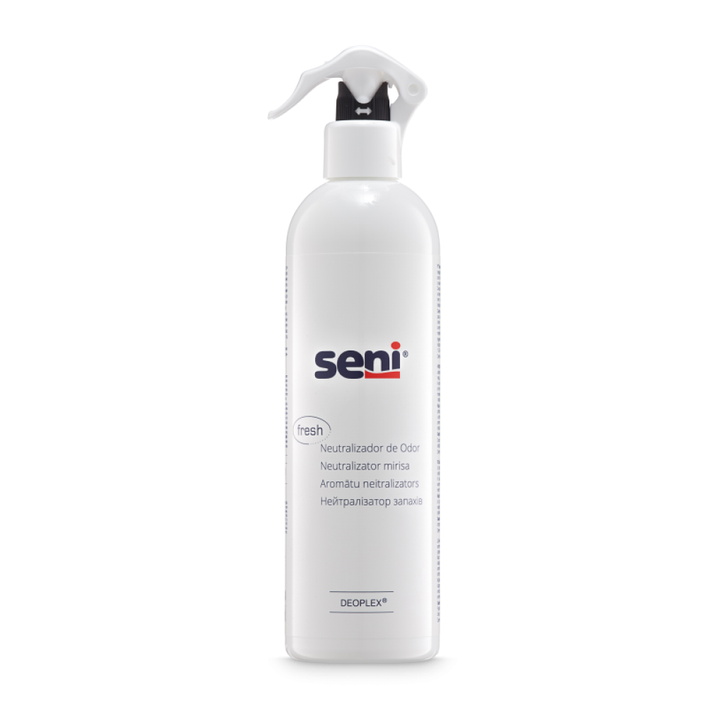 Der Seni Care Geruchsneutralisator von TZMO Deutschland GmbH ist eine 500 ml Flasche mit Sprühkopf, die für ein angenehmes Geruchsumfeld sorgt. Er ist mit mehrsprachigem Text und dem DEOPEX+ Logo versehen und neutralisiert Gerüche in Ihren Räumen effektiv.