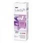 Een rechthoekige doos Seni Lady Slim Micro Plus inlegkruisjes van TZMO Deutschland GmbH in paars en wit bevat 20 pads en benadrukt de belangrijkste functies - ideaal voor druppelincontinentie.