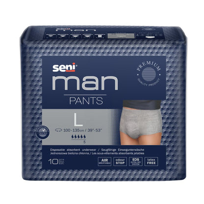 Een pak Seni Man Pants absorberend ondergoed voor mannen van TZMO Deutschland GmbH, hoogwaardige incontinentieluiers voor volwassenen in grote maat, met een grijze tailleband en een diagram dat de pasvorm op een etalagepop laat zien. Bevat 10