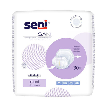 Een pak Seni San Maxi incontinentieverband voor volwassenen, ontworpen voor blaaszwakte, bevat 30 ademende en latexvrije luiers met de eigenschappen 'Air Comfort' en 'Odor Stop'. (Merknaam: TZMO Deutschland GmbH)