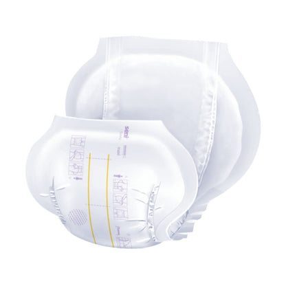 Beschrijving: Illustratie van een witte, wegwerpbare Seni San Maxi incontinentieverband voor volwassenen van TZMO Deutschland GmbH, die de gelaagde structuur en de absorptiezones toont.