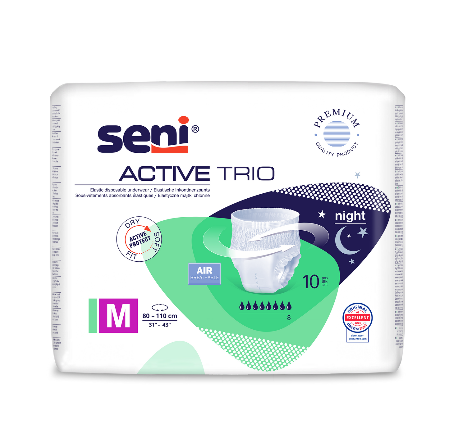 Eine Packung Seni Active Trio Inkontinenzhosen von TZMO Deutschland GmbH, Größe M (80-110 cm), für schwere Inkontinenz mit Nachtschutz. Die Verpackung zeigt das Produkt und hebt die Atmungsaktivität und die dermatologische Prüfung hervor.