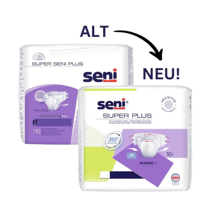Abgebildet sind zwei Packungen Seni-Windeln: Die linke ist „Super Seni Plus“ mit einem violetten Design und der Aufschrift „ALT“, während die rechte, mit der Aufschrift „NEU!“, als „Seni Super Plus Atmungsaktive Inkontinenzhosen“ der TZMO Deutschland GmbH aktualisiert wurde und über einen doppelten Klebeklettverschluss und die fortschrittliche Superabsorber-Technologie verfügt.