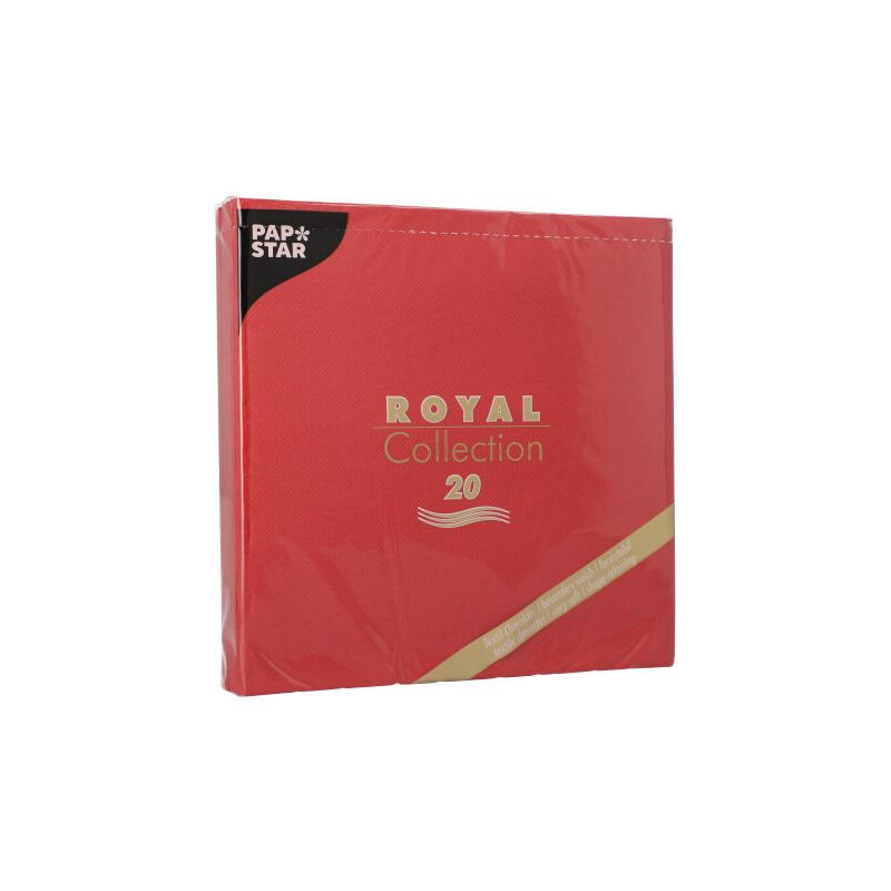 Ein Paket mit PAPSTAR Servietten 1/4-Falz "ROYAL Collection", Größe 40 cm x 40 cm, Stückzahl 20. Die Verpackung besticht durch ein elegantes Design in Gold und Rot, ideal für anspruchsvolle Tischdekoration, mit dem Markennamen PAPSTAR GmbH prominent in der oberen linken Ecke.