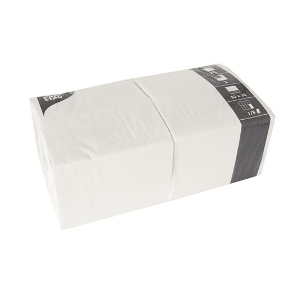 Een rechthoekige verpakking PAPSTAR 250 servetten, 3-laags, 1/8-vouw van de PAPSTAR De GmbH meet 33 x 33 cm en is verpakt in doorzichtige kunststof met een zwart-wit etiket aan één uiteinde.