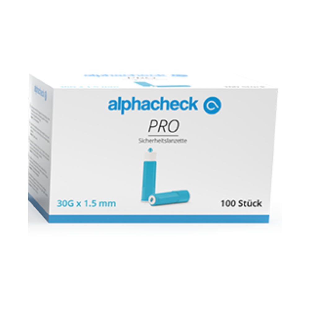 Een doos met de opdruk 'Alphacheck PRO veiligheidslancetten, verschillende maten' van Berger Med GmbH, die 100 veiligheidslancetten voor bloedsuikertests bij diabetici bevat. Op de verpakking is een blauw lancet afgebeeld en de aanduiding '30G x 1,5 mm', ideaal voor capillaire bloedafname.
