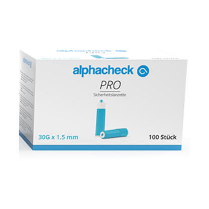 Een doos met de opdruk 'Alphacheck PRO veiligheidslancetten, verschillende maten' van Berger Med GmbH, die 100 veiligheidslancetten voor bloedsuikertests bij diabetici bevat. Op de verpakking is een blauw lancet afgebeeld en de aanduiding '30G x 1,5 mm', ideaal voor capillaire bloedafname.