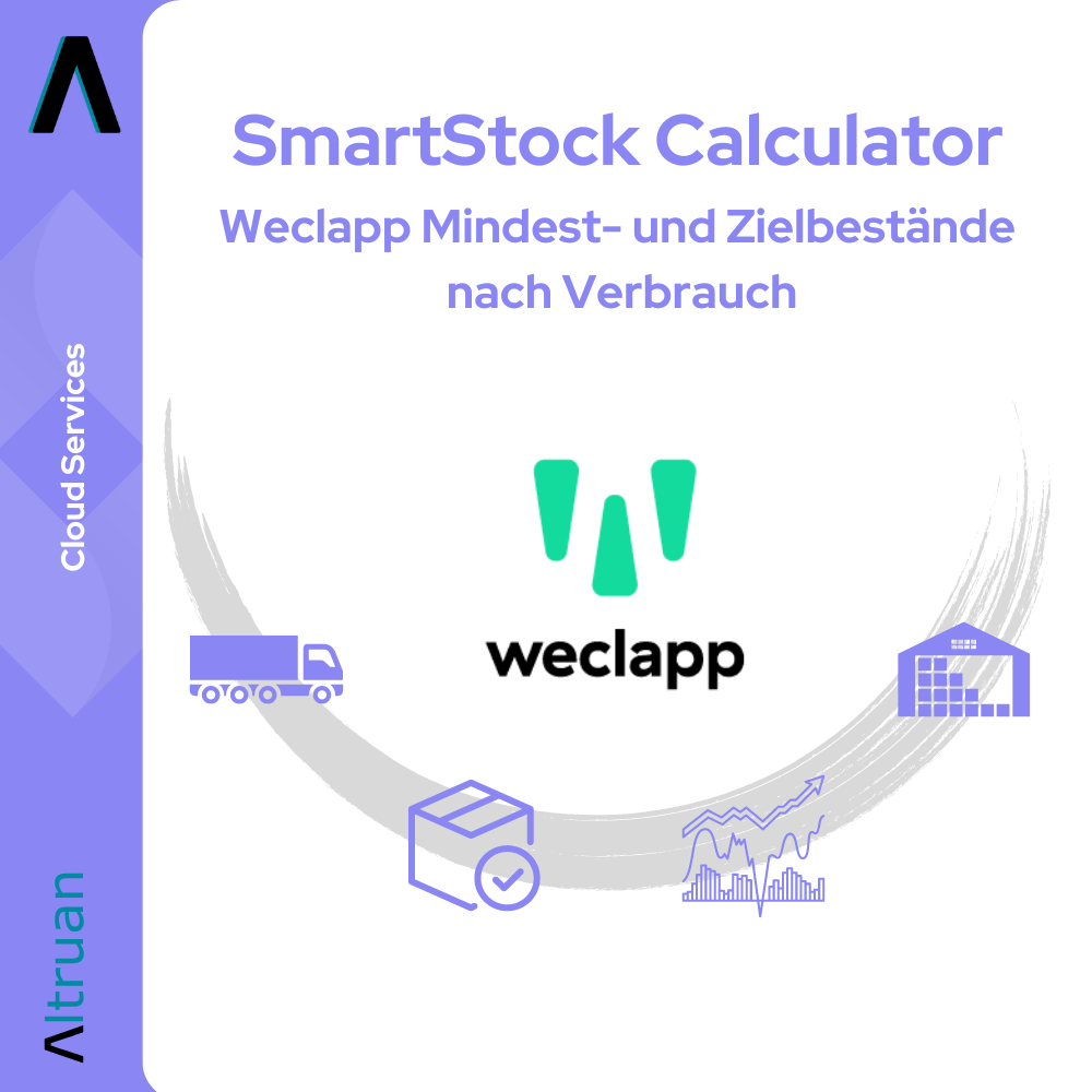 Logo en reclamegrafiek voor "SmartStock Calculator: Weclapp Minimum- en Doelvoorraadcalculator op basis van verbruik" van Altruan met de symbolen van een vrachtwagen, een geschenkdoos en een diagram als symbool voor voorraadbeheer op een lichte achtergrond.