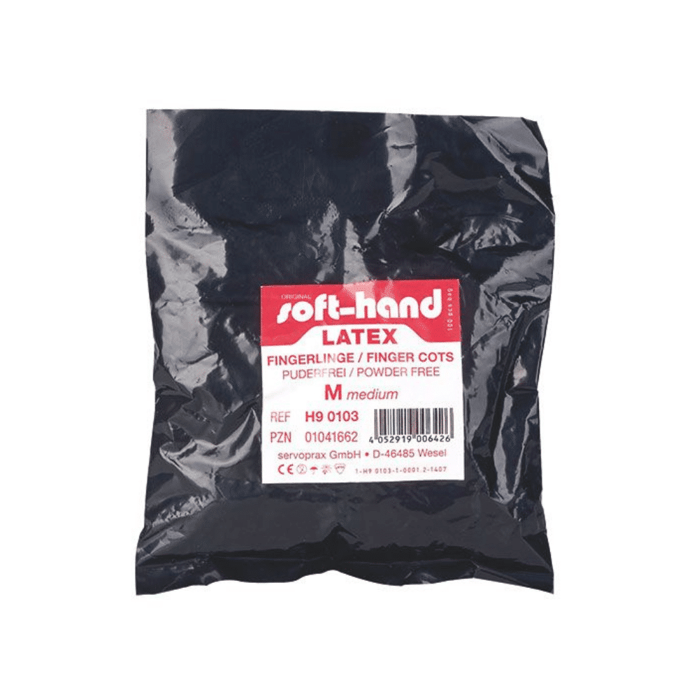 Een verpakking met het opschrift „Soft-Hand Latexfingerlingen, Maat 3 – 100 Stuks“ van Servoprax GmbH bevat middelgrote, niet-steriele fingerlingen. De verpakking is zwart met een rood-wit etiket en is poedervrij.