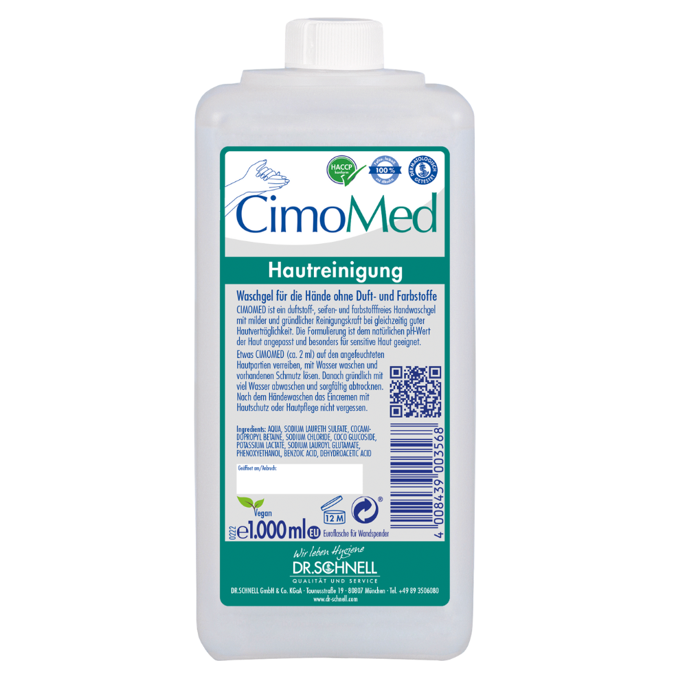 Een 1000 ml witte kunststof fles Dr. Schnell CIMOMED handwasgel, geur- en kleurstofvrij, voor huidreiniging van DR.SCHNELL GmbH & Co. KGaA, ideaal voor de gevoelige huid met blauw/groen etiket, QR-code, certificeringen & Duitse handleiding.