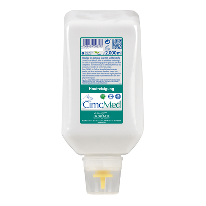 Een 2000 ml witte kunststof fles Dr. Schnell CIMOMED handwasgel, geur- en kleurstofvrij, voor huidreiniging van DR.SCHNELL GmbH & Co. KGaA; met groen-blauw etiket en gele tuit - ideaal voor de gevoelige huid.