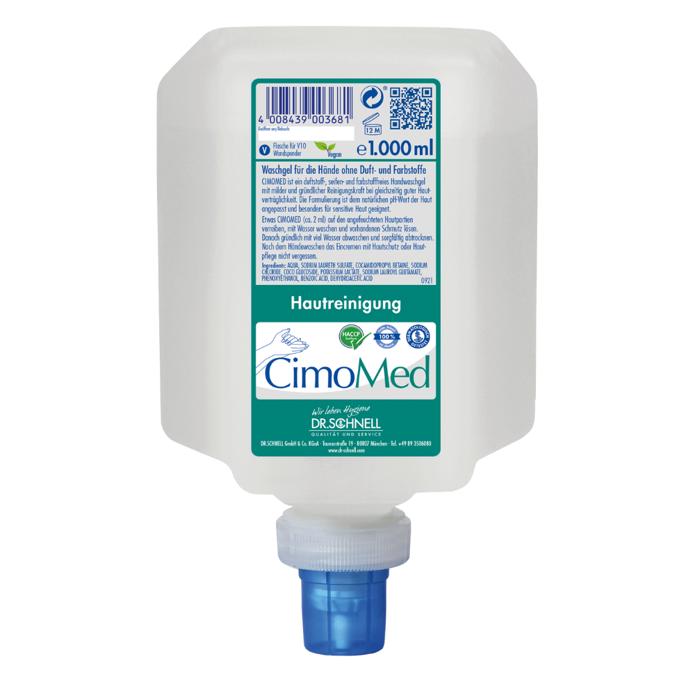 Een witte 1000ml fles Dr. Schnell CIMOMED handwasgel, geur- en kleurstofvrij voor huidreiniging van DR.SCHNELL GmbH & Co. KGaA, met blauwe dispenserdop en Duits etiket met ingrediënten en gebruiksaanwijzingen voor de gevoelige huid.