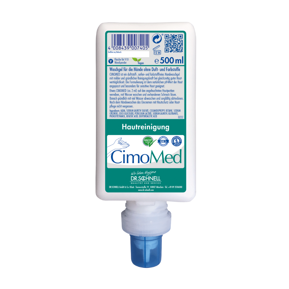 Een 500 ml fles Dr. Schnell CIMOMED handwasgel van DR.SCHNELL GmbH & Co. KGaA, geur- en kleurstofvrij voor huidreiniging, met wit, Duits logo en blauwe dispenser - ideaal voor de gevoelige huid.