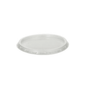Tegen een witte achtergrond is een Starpak-deksel voor dressingbekers afgebeeld, een ronde, transparante kunststofdeksel met een diameter van 7,1 cm en een kleine rand.